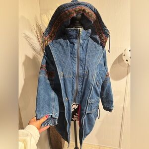 Vintage Embroidered Current Seen Southwestern Blue Denim Quilted Hooded Jacket